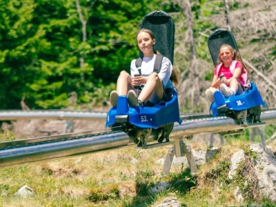 Young girls riding on mountain coaster